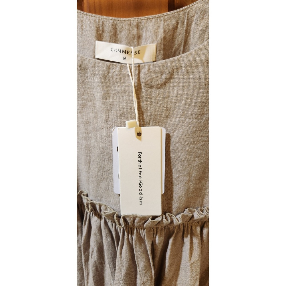 Commense Tan Cotton Linen Tie Shoulder Ruffle Empire Waist Mini Dress NWT Size M - Picture 3 of 7
